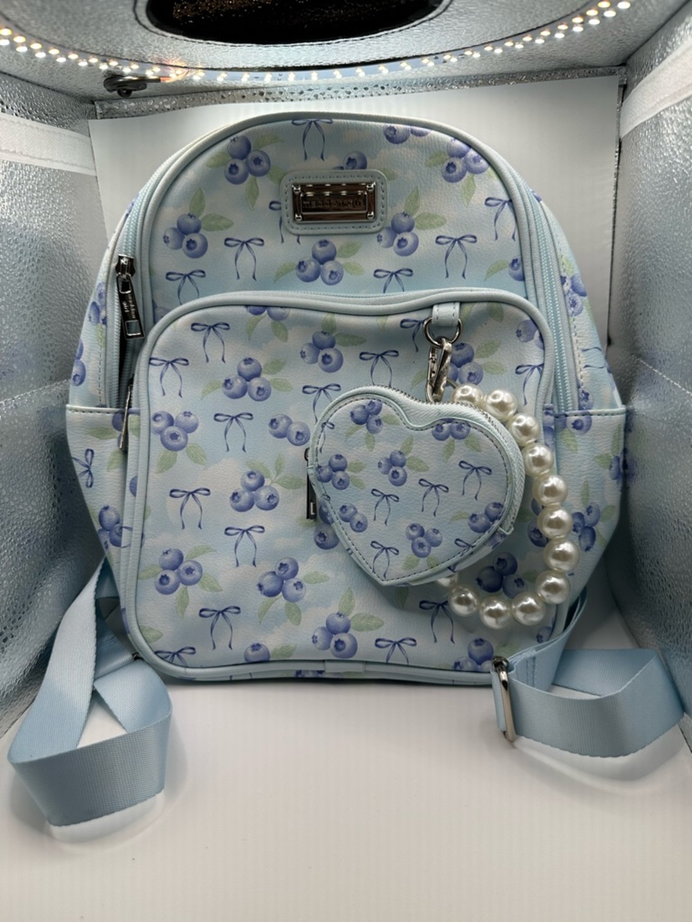Madden Girl Light Blue Floral Backpack with Pearl Heart Coin Purse